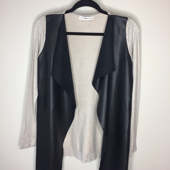 Zara Knit colour blocked faux leather and tan waterfall cardigan - Sz M - Picture 4 of 8